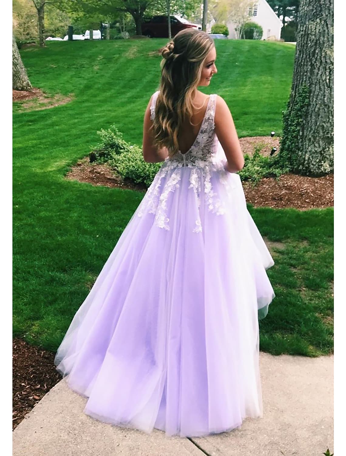 Ball Gown A-Line Prom Dresses Color Block Dress Formal Floor Length Sleeveless V Neck Tulle BacklessBack