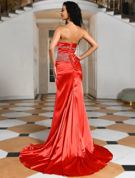 Elegant Sparkle Shine Wedding Guest Formal Evening Dress Strapless Sleeveless Satin with Crystals