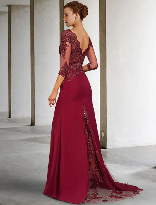 Mother of the Bride Dress Luxurious Elegant V Neck Lace Stretch Chiffon Length Sleeve with Sequin Appliques