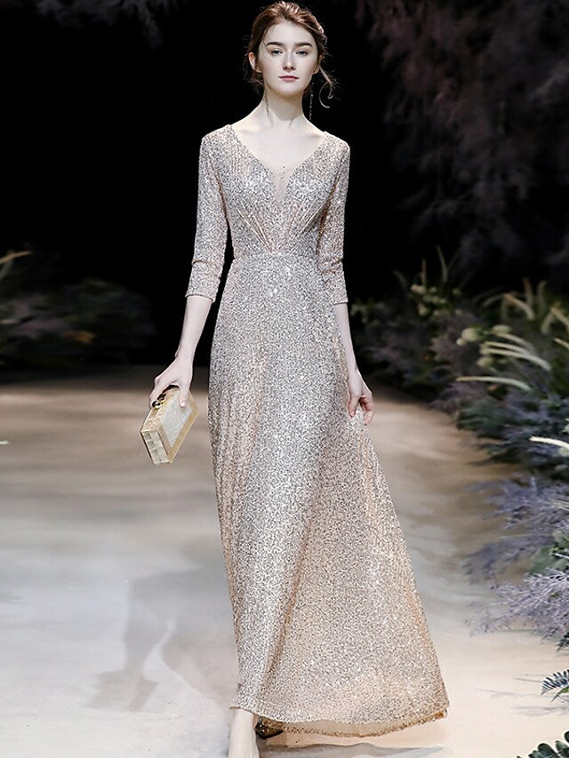 A-Line Prom Dresses Sparkle Dress Engagement Floor Length Sleeve V Neck Sequined with Pleats