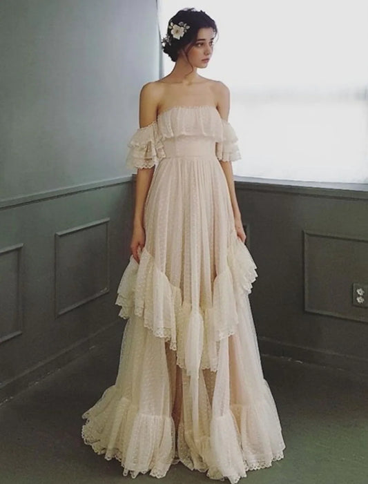 Wedding Dresses A-Line Short Sleeve Off Shoulder Lace With Ruffles