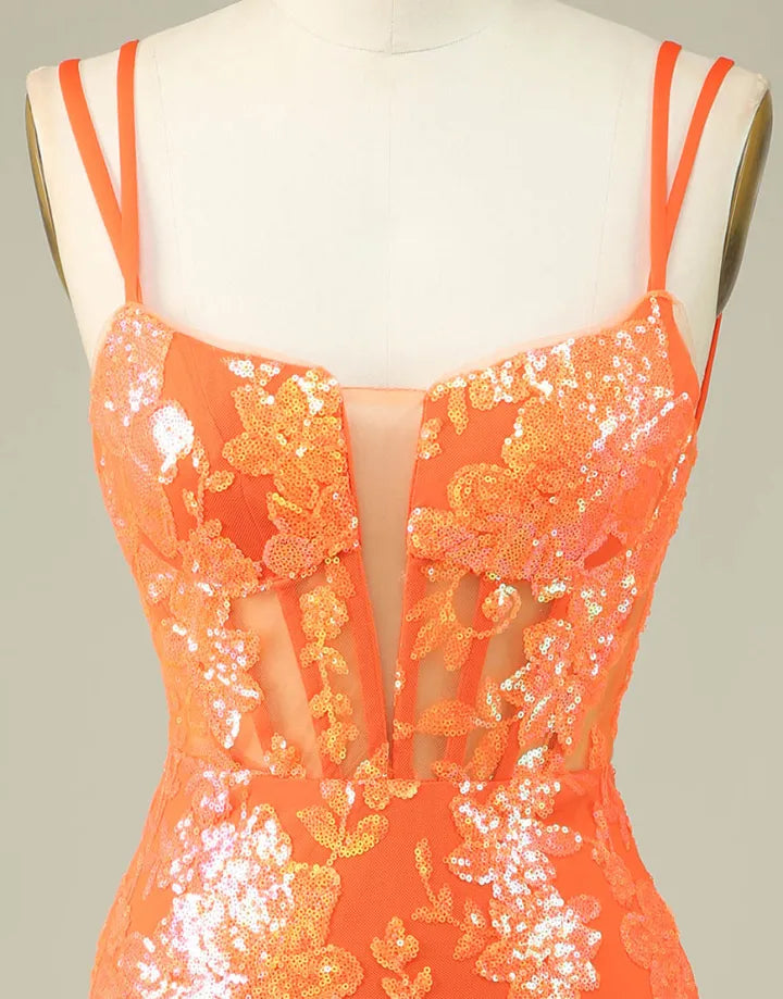DingJiDress Orange Double Spaghetti Straps Glitter SequinTight Homecoming Dress