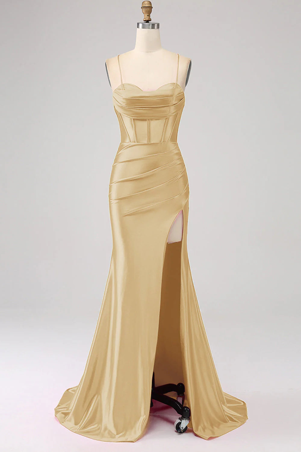 DingJiDress Stunning Black Mermaid Spaghetti Straps Corset Prom Dress with Split Front