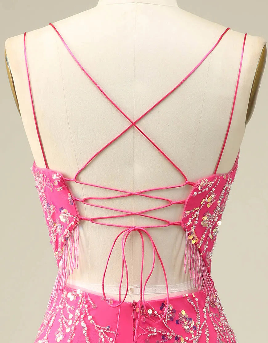 DingJiDress Gorgeous Sparkly Double Spaghetti Straps Tight Homecoming Dress With Fringe