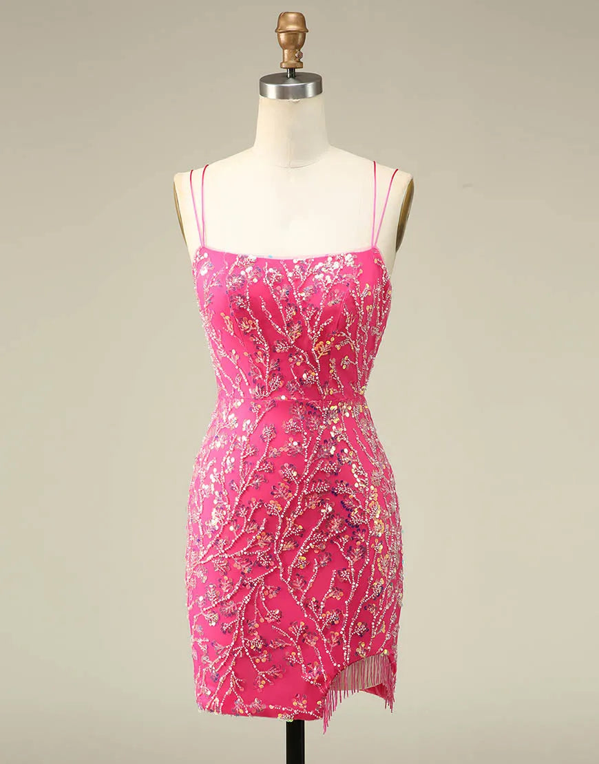 DingJiDress Gorgeous Sparkly Double Spaghetti Straps Tight Homecoming Dress With Fringe