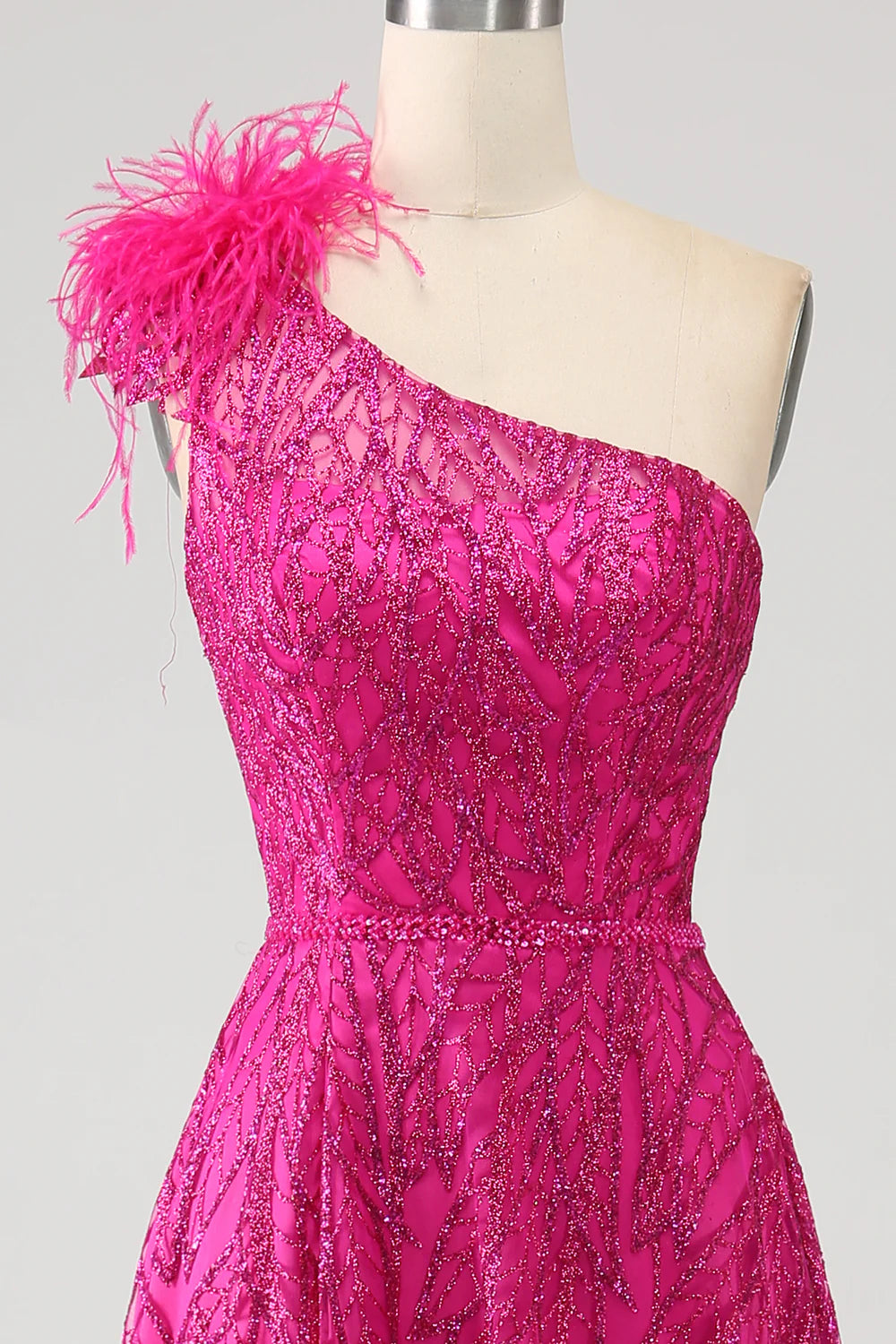 DingJiDress Fuchsia A-Line One Shoulder Feather Sequin Long Prom Dress With Slit