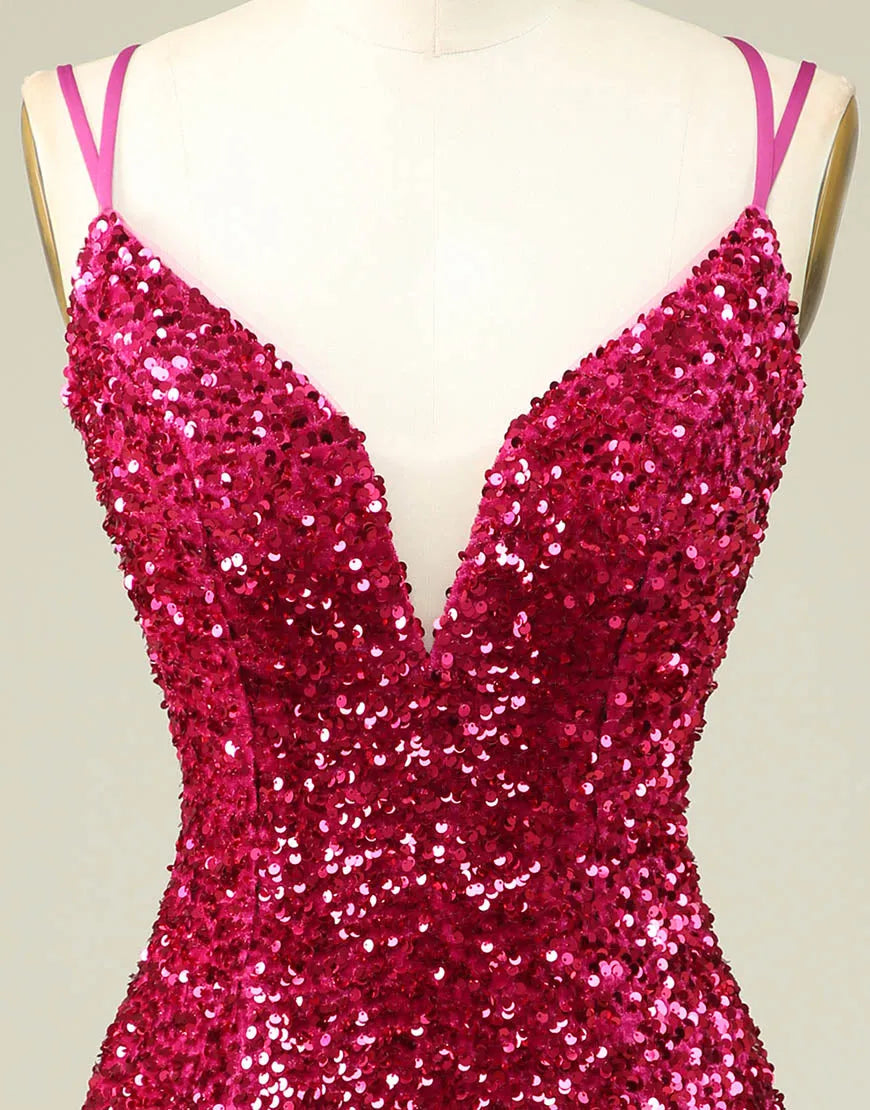 DingJiDress Sparkly Sequin Double Spaghetti Straps Tight Homecoming Dress