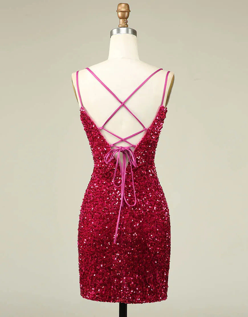 DingJiDress Sparkly Sequin Double Spaghetti Straps Tight Homecoming Dress
