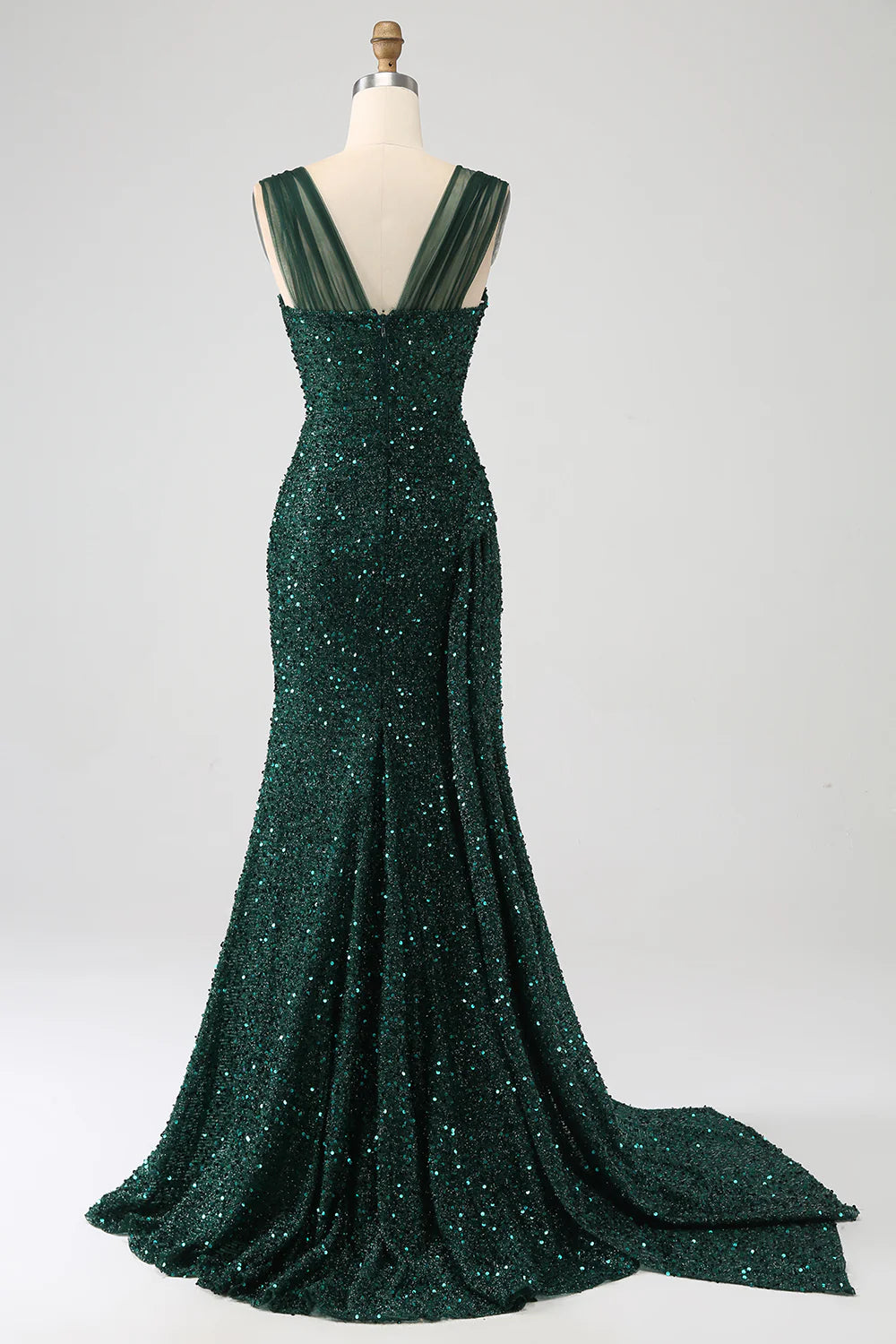 DingJiDress Dark Green Sheath Sparkly Sequin Pleated Long Prom Dress With Thigh Split