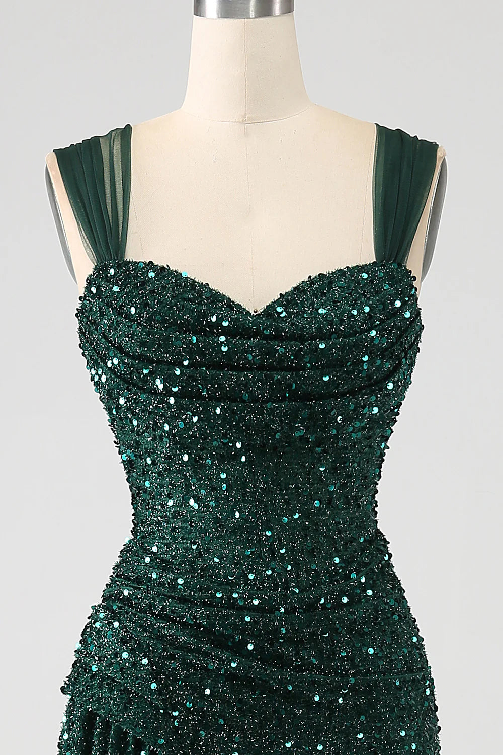 DingJiDress Dark Green Sheath Sparkly Sequin Pleated Long Prom Dress With Thigh Split