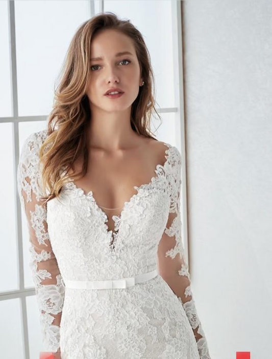 Engagement Open Back Formal Wedding Dresses Long Sleeve V Neck Lace With