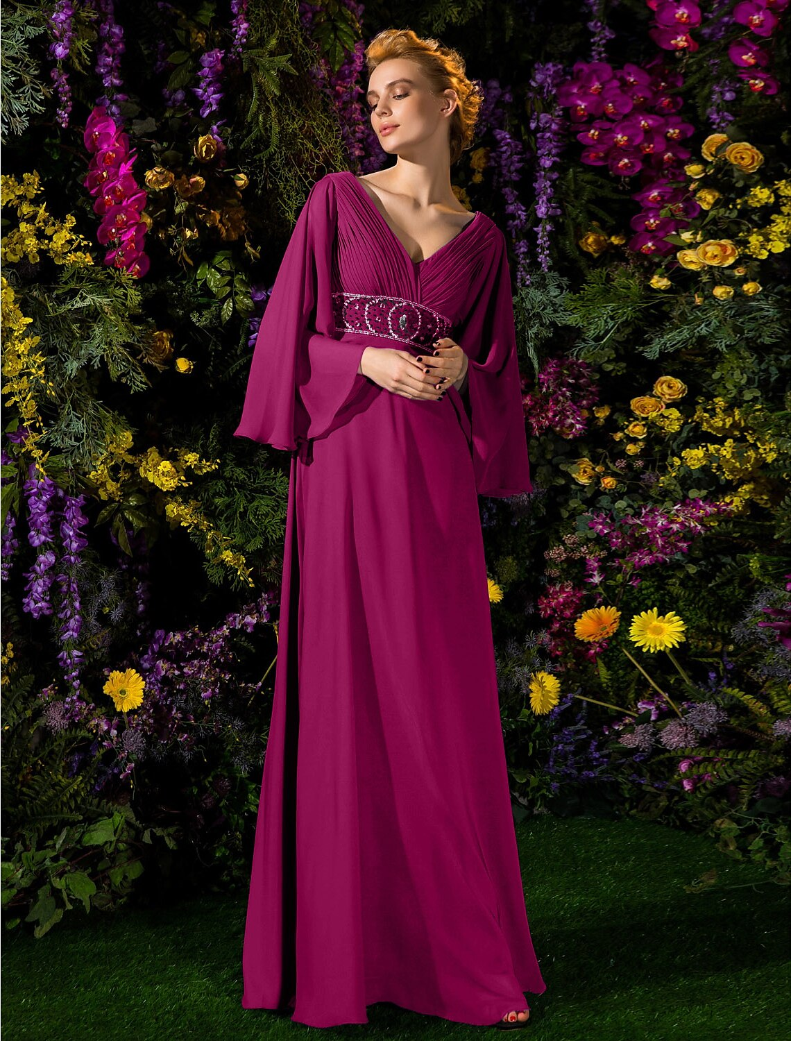 A-Line Mother of the Bride Dress Vintage Inspired V Neck Floor Length Chiffon Long Sleeve with Crystals Beading Side Draping