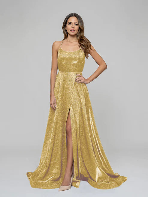 DingJiDress Halter Metallic Glitter Criss Cross Back A Line Prom Dresses