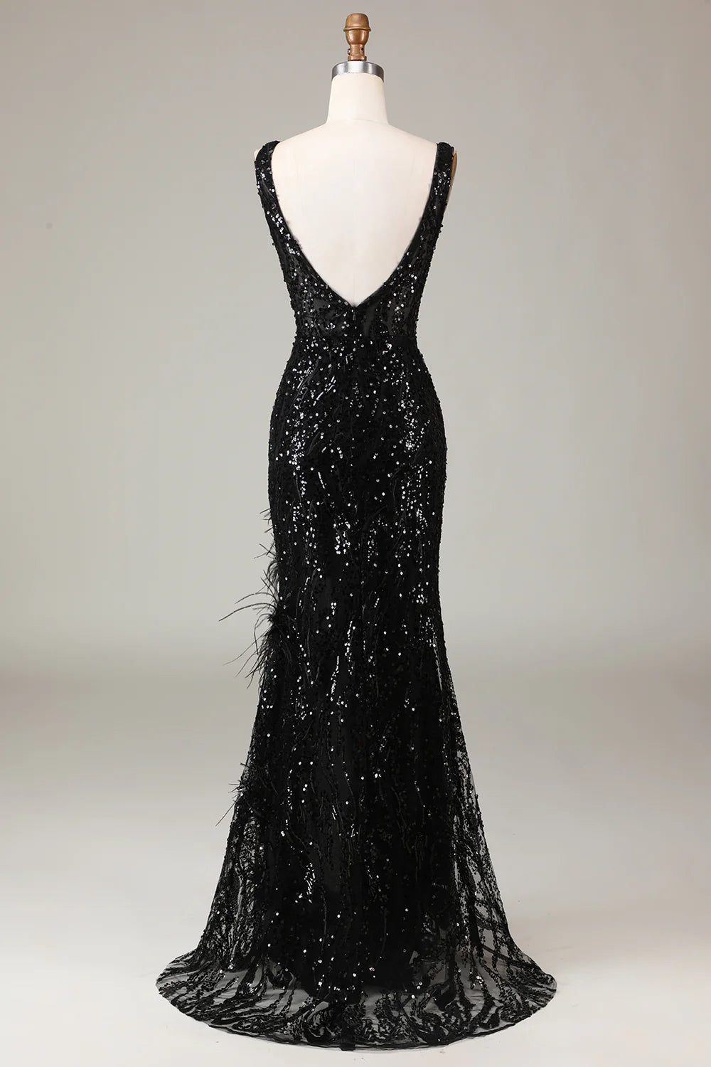 DingJiDress Black Sparkly Depp V-neck Mermaid Prom Dress with Feathers