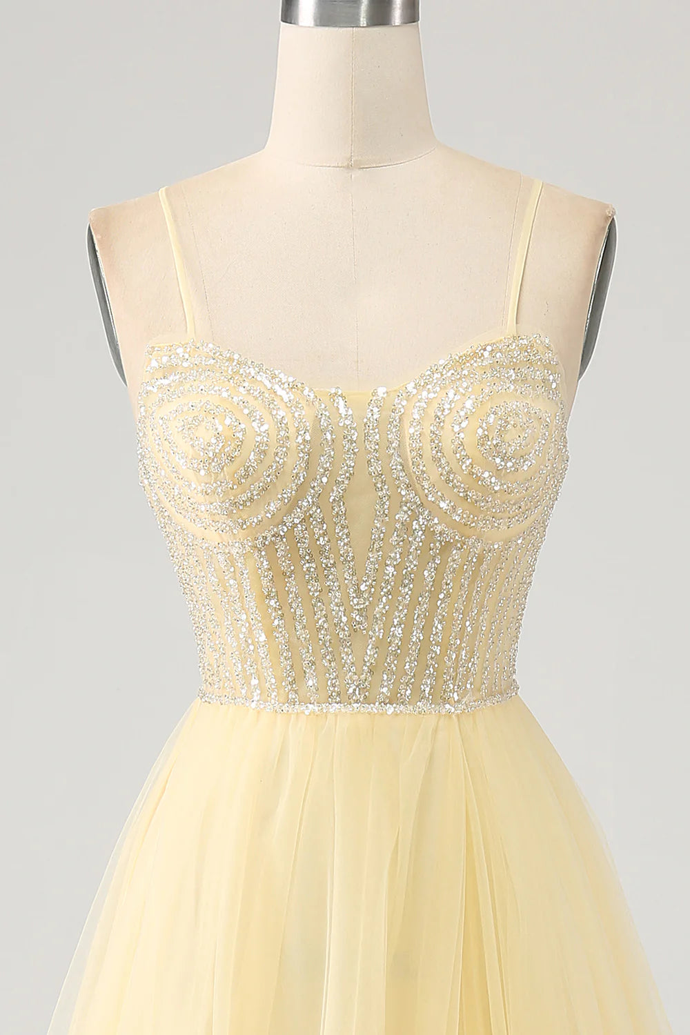 DingJiDress Tulle Beaded Light Yellow Prom Dress with Slit