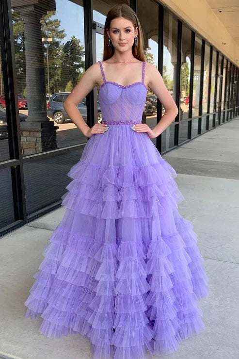 DingJiDress Sweetheart Evening Dress Ruffle Tulle A-Line Long Prom Dresses Lilac