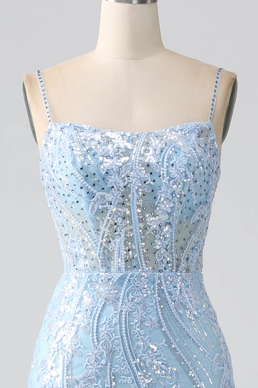 DingJiDress Sky Blue Sparkly Mermaid Corset Prom Dress with Sequins