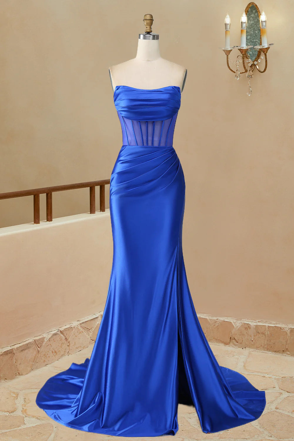 DingJiDress Sheath Satin Strapless Pleated Boning Sheer Long Prom Dress with Slit