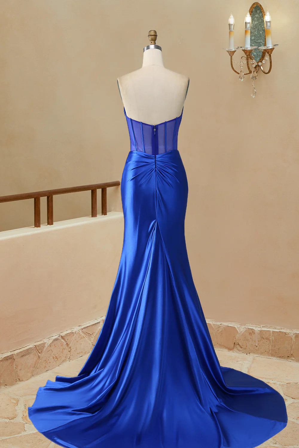 DingJiDress Sheath Satin Strapless Pleated Boning Sheer Long Prom Dress with Slit