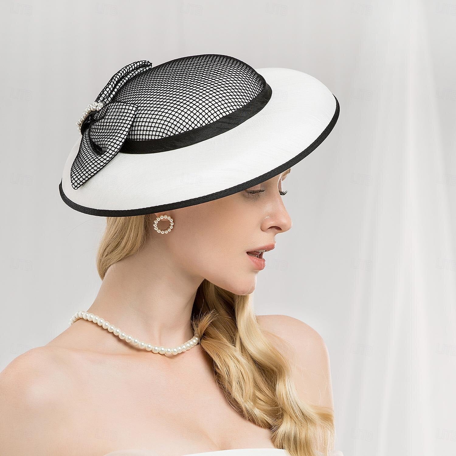 DingJiDress Hats Headwear Sun Hat Hat Wedding Tea Party Elegant Wedding With Bowknot Pearls Headpiece Headwear