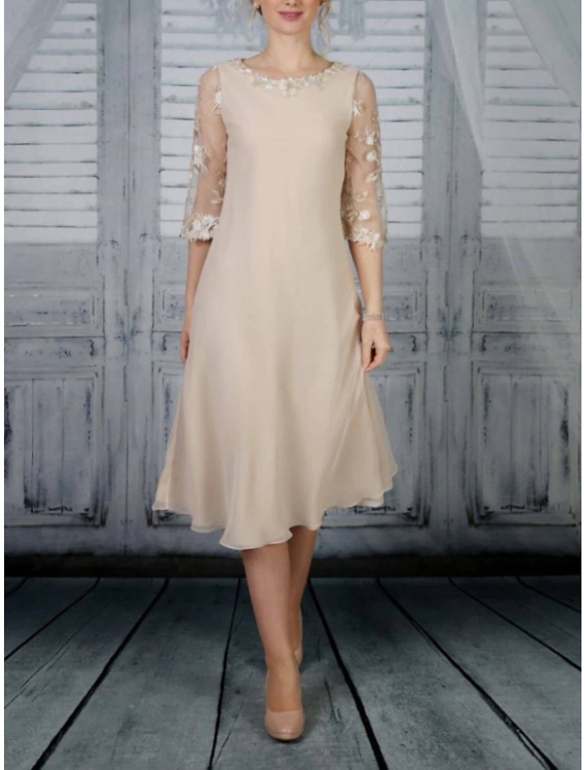 Sheath / Column Mother of the Bride Dress Wedding Guest Party Elegant Scoop Neck Tea Length Chiffon Lace Half Sleeve with Ruffles