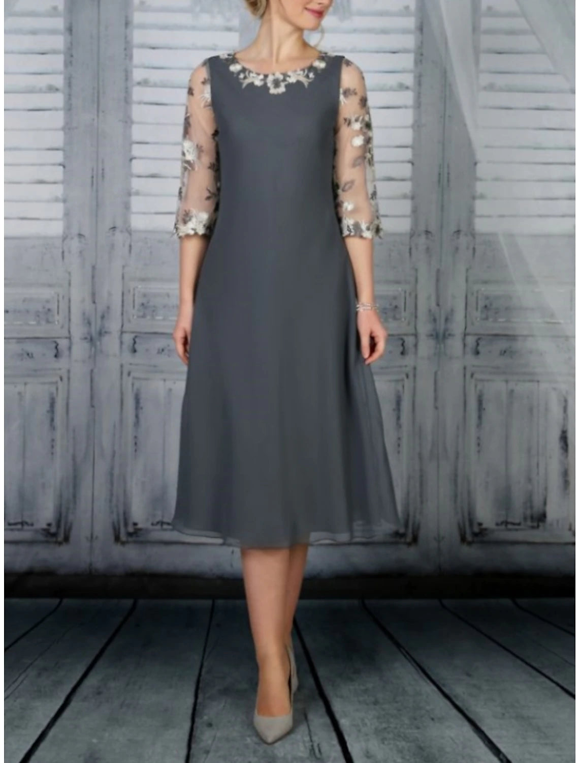 Sheath / Column Mother of the Bride Dress Wedding Guest Party Elegant Scoop Neck Tea Length Chiffon Lace Half Sleeve with Ruffles