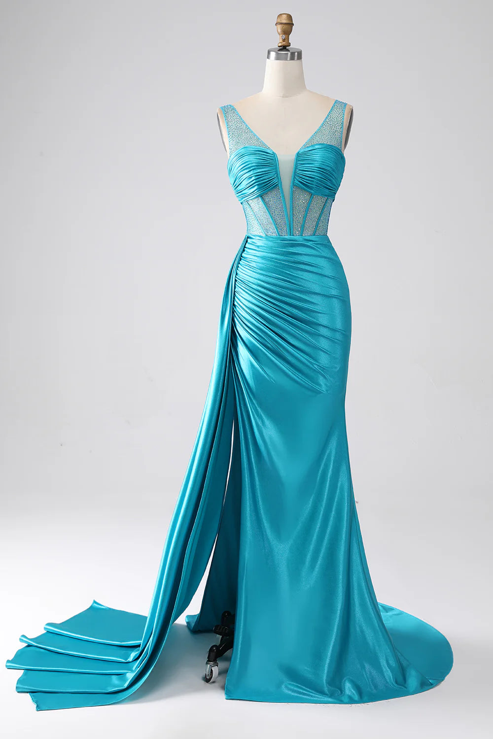 DingJiDress Turquoise Mermaid V-Neck Sweep Train Pleated Corset Beaded Prom Dress