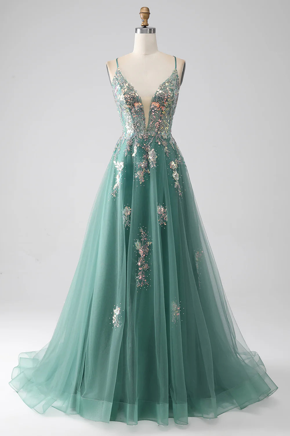 DingJiDress Green A-Line Spaghetti Straps Long Prom Dress With Sparkly Sequin Appliques