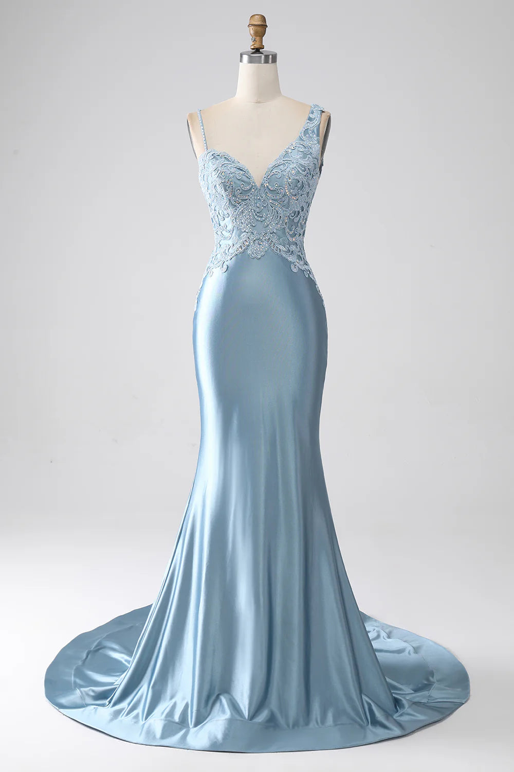 DingJiDress Grey Blue Mermaid Spaghetti Straps Long Beaded Prom Dress With Appliques