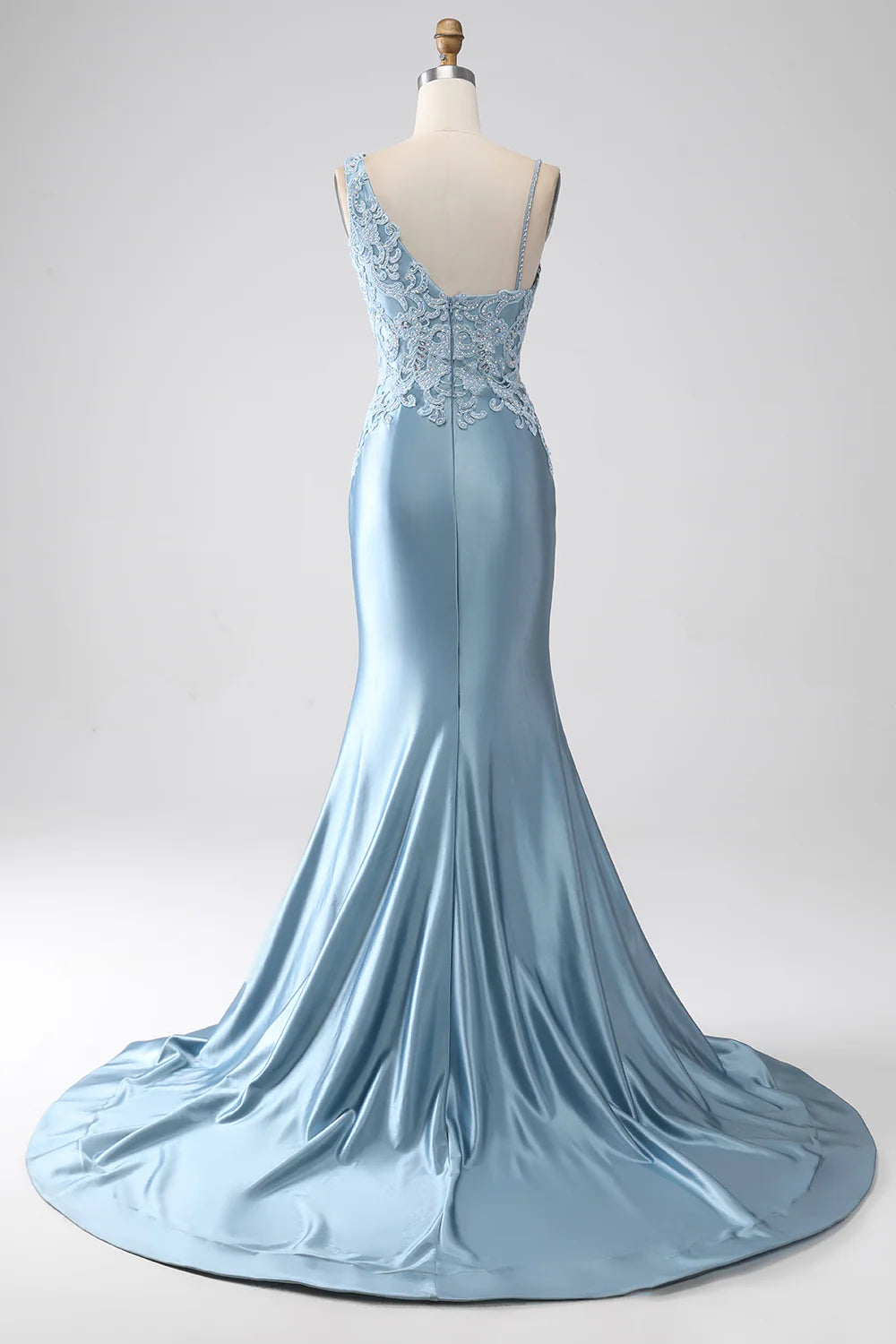 DingJiDress Grey Blue Mermaid Spaghetti Straps Long Beaded Prom Dress With Appliques