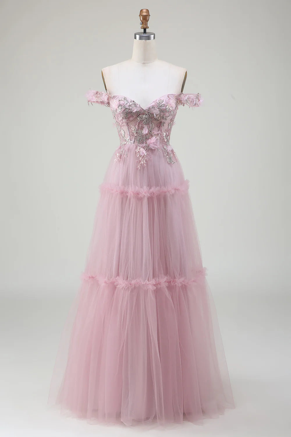 DingJiDress Off the Shoulder Tulle Pink Prom Dress with Appliques