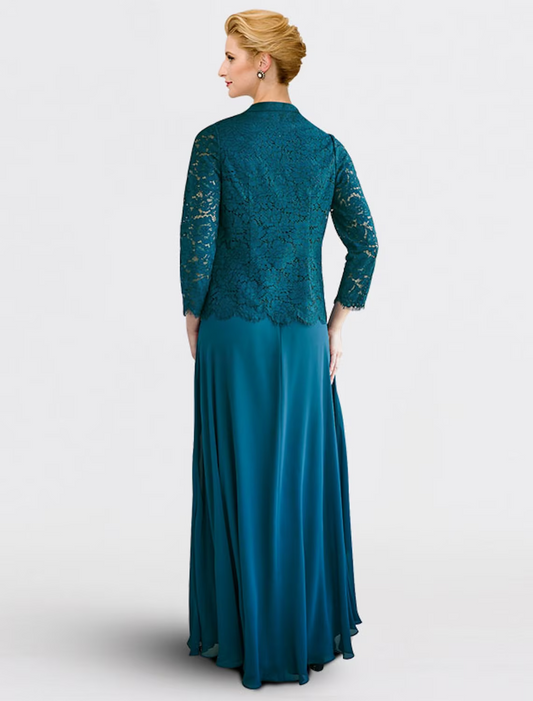A-Line Mother of the Bride Dress Plus Size Elegant Jewel Neck Floor Length Chiffon Lace Sleeveless