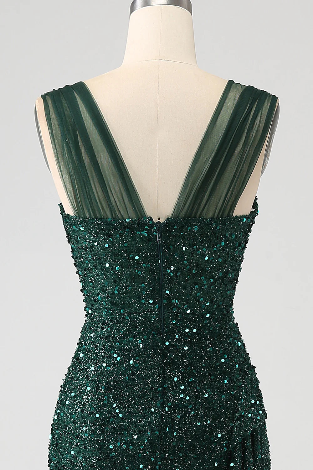 DingJiDress Dark Green Sheath Sparkly Sequin Pleated Long Prom Dress With Thigh Split