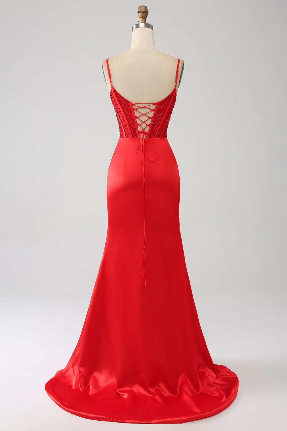 DingJiDress Satin Mermaid Beaded Red Prom Dress with Slit
