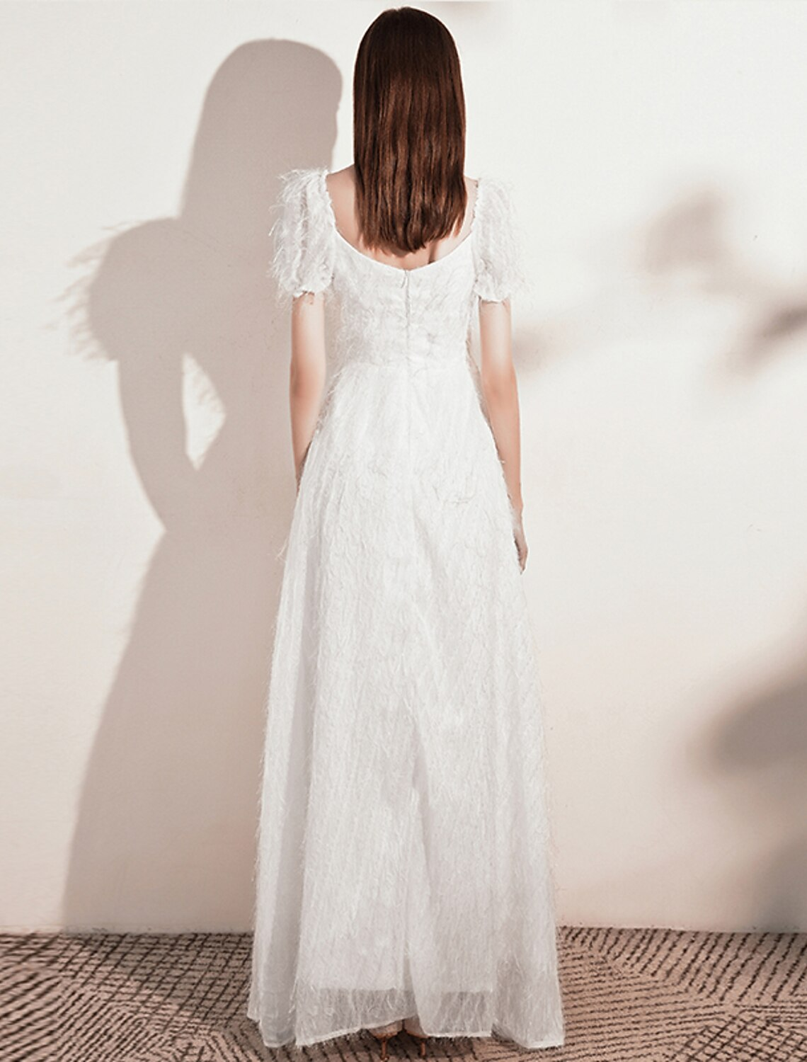 A-Line Evening Gown Dress Wedding Guest Floor Length Short Sleeve Scoop Neck Tulle with Buttons