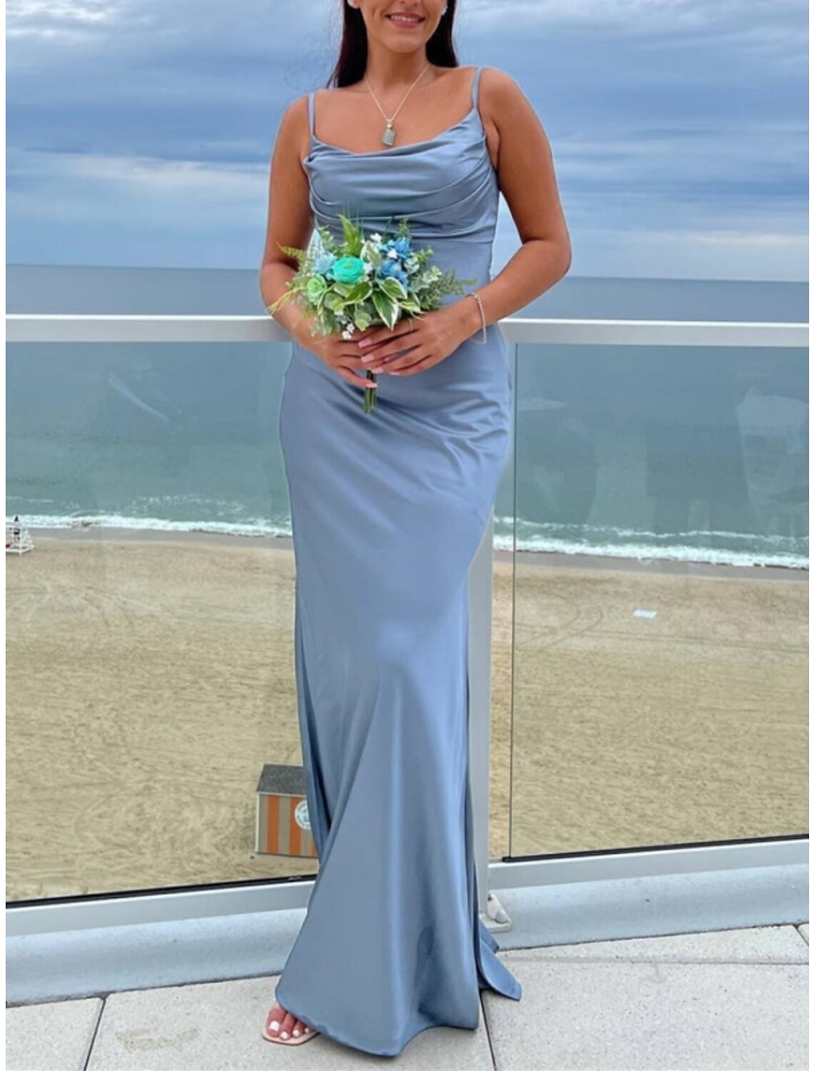 Sheath / Column Bridesmaid Dress Spaghetti Strap Sleeveless Blue Floor Length Charmeuse with Split Front / Ruching