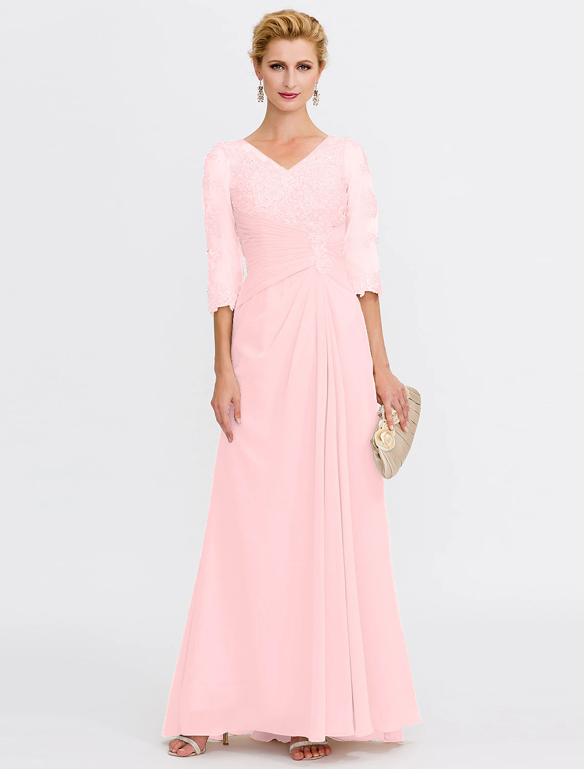 A-Line Mother of the Bride Dress Plus Size Elegant Through V Neck Floor Length Chiffon Half Sleeve with Appliques Side Draping