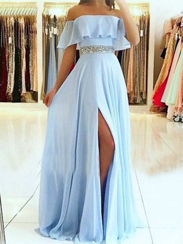 A-Line/Princess Sleeveless Off-the-Shoulder Floor-Length Beading Chiffon Dresses
