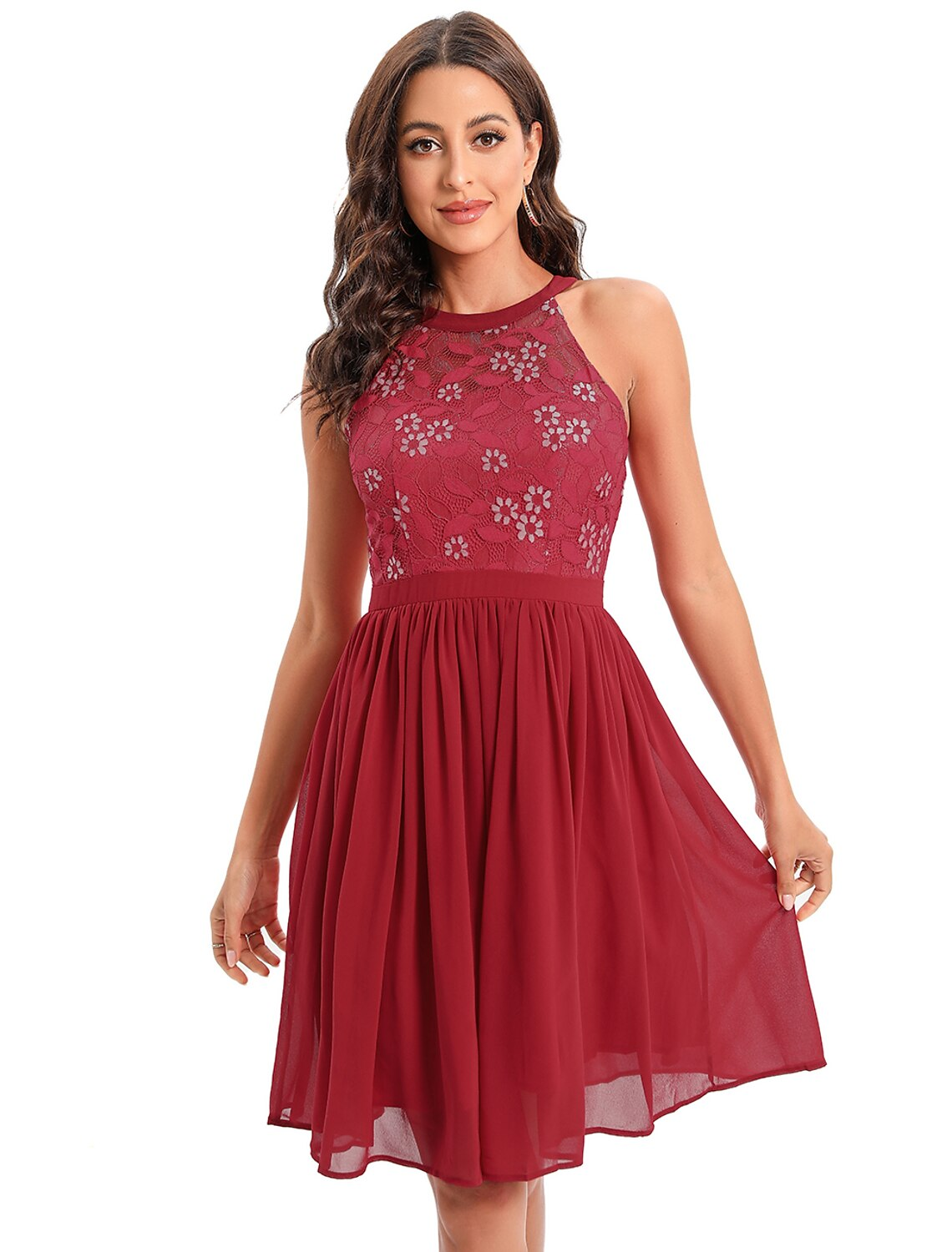 A-Line Cocktail Dresses Vintage Dress Party Wear Knee Length Sleeveless Jewel Neck Cotton Blend with Lace Insert Pattern Print Splicing