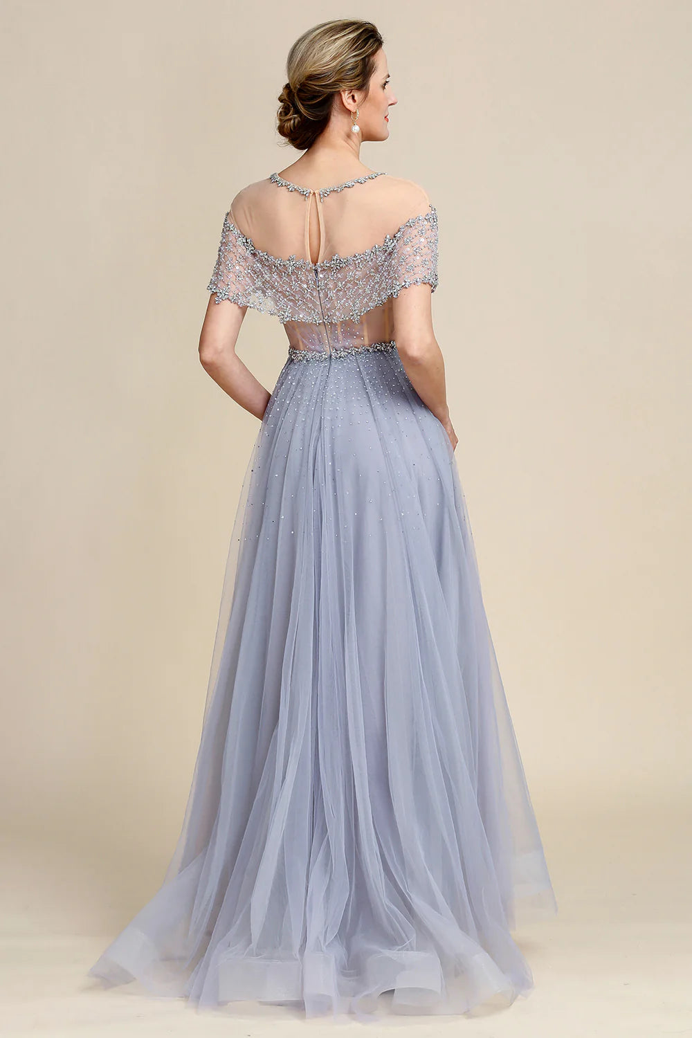 DingJiDress Elegant Grey Tulle A Line Beaded Glitter Mother of Bride Dress Wedding Guest Dress