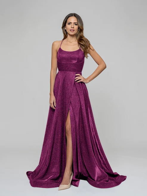 DingJiDress Halter Metallic Glitter Criss Cross Back A Line Prom Dresses