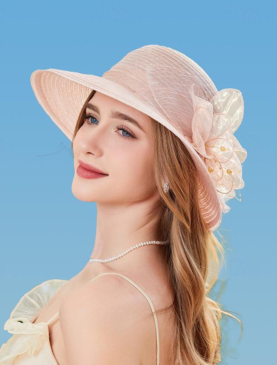 DingJiDress Hats synthetic fibre Tea Party Kentucky Derby Classic Sun Protection With Pearls Headpiece Headwear