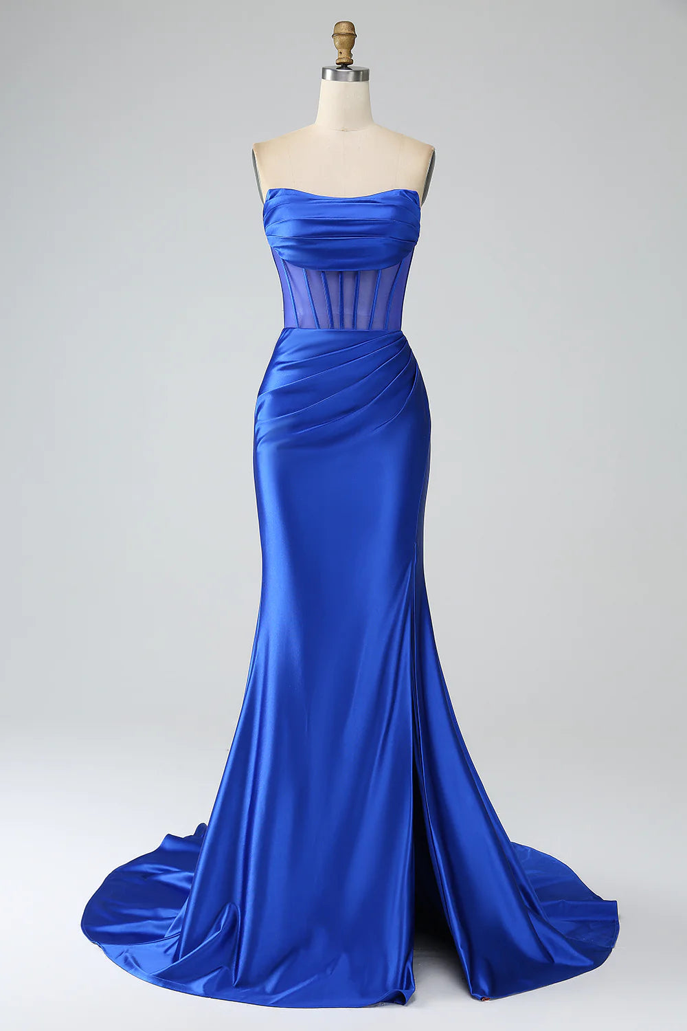 DingJiDress Royal Blue Mermaid Strapless Pleated Corset Long Prom Dress with Slit