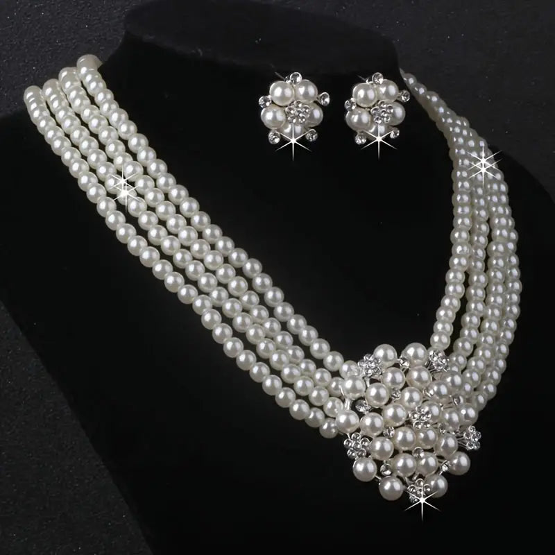 DingJi High end and atmospheric flower necklace with a pair of earrings set in milky white, 4-row bead necklace, wedding banquet, evening party, engagement set chain