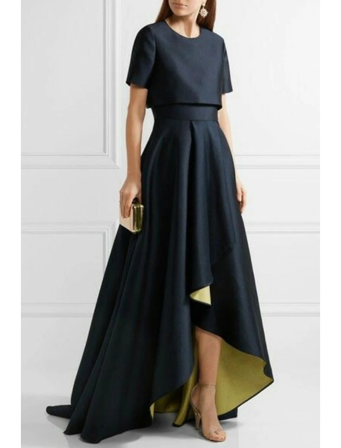 Two Piece Sheath / Column Mother of the Bride Dress Wedding Guest Church Simple Elegant High Low Jewel Neck Asymmetrical Taffeta Short Sleeve with Pleats