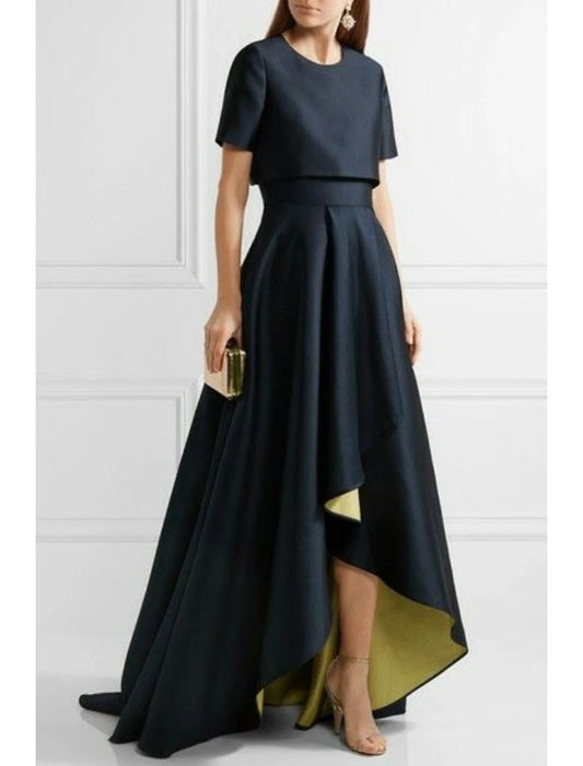 Two Piece Sheath / Column Mother of the Bride Dress Wedding Guest Church Simple Elegant High Low Jewel Neck Asymmetrical Taffeta Short Sleeve with Pleats