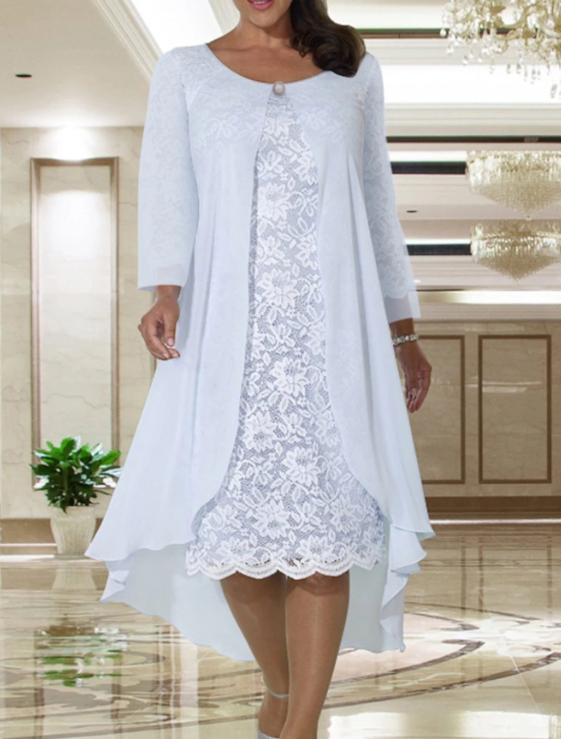 Two Piece A-Line Mother of the Bride Dress Fall Wedding Guest Dresses Plus Size Elegant Jewel Neck Tea Length Chiffon Lace Short Sleeve Jacket Dresses