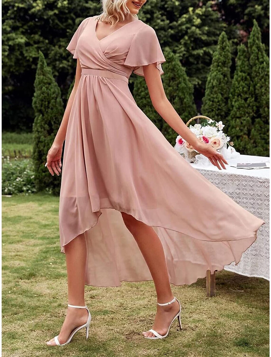 Pleated High Low Bridesmaid Dresses V Neck Short Sleeve Chiffon Formal Dress with Pleats