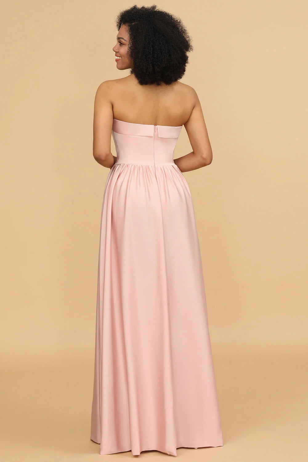DingJiDress Blush Pink A Line Wedding Guest Dresses Strapless Satin Long Bridesmaid Dress