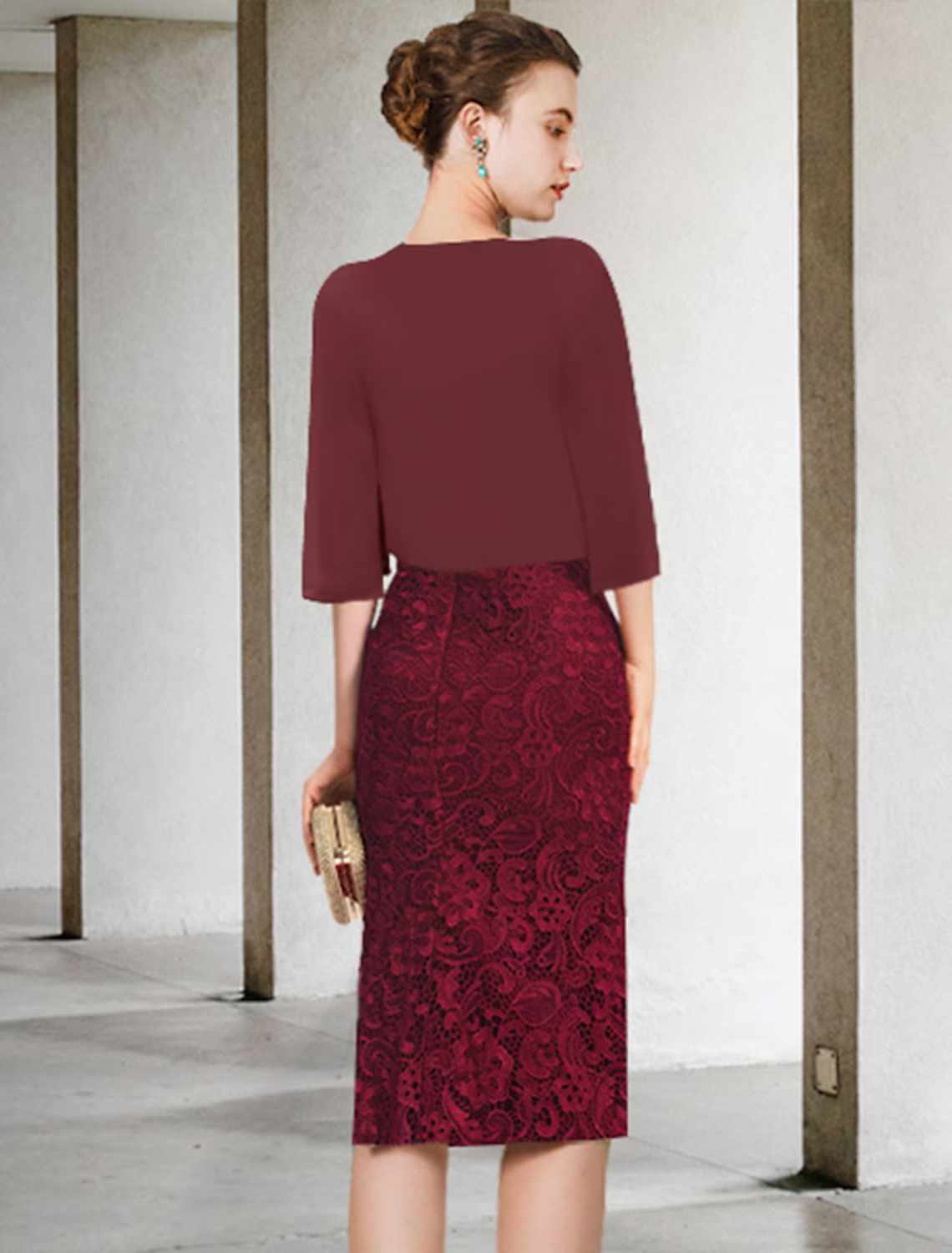 Two Piece Mother of the Bride Dress Formal Wedding Guest Party Elegant Off Shoulder Knee Length Chiffon Lace Short Sleeve with Appliques